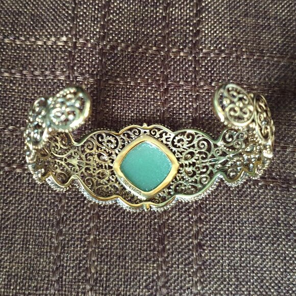 Vintage 1950s Chinese Export Green Jade Sterling Gold Vermeil Filigree Bracelet - Picture 6 of 13